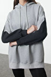 Kadın Moda Şık Oversize Kapüşonlu Düşük Kol Uzun Geniş Kalıp İçi Polarlı Örme Spor Sweatshirt