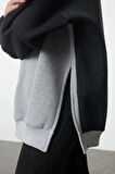 Kadın Moda Şık Oversize Kapüşonlu Düşük Kol Uzun Geniş Kalıp İçi Polarlı Örme Spor Sweatshirt