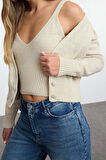 Kadın Moda Şık Crop V Yaka Regular Crop Bluz-Hırka Takım Triko Hırka