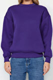 Kadın Regular Bisiklet Yaka Düşük Kol Regular Kalın İçi Polarlı Normal Kalıp Basic Örme Sweatshirt
