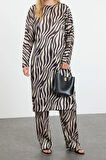 Kadın Moda Şık Geniş Paça Uzun Kollu Krinkle Örme Animal Zebra Desenli Uzun Tunik Alt-Üst Takım