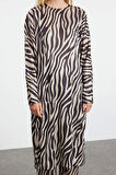 Kadın Moda Şık Geniş Paça Uzun Kollu Krinkle Örme Animal Zebra Desenli Uzun Tunik Alt-Üst Takım