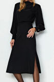 Kadın Moda Şık Midi Boy Degaje Yaka Regular Düz Dokuma Elbise