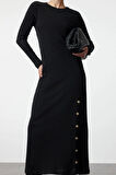 Kadın Moda Şık Tesettür Maxi Boy Bisiklet Yaka Fitted Düğme Detaylı Fitilli Örme Elbise