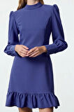 Kadın Moda Şık Mini Boy Dik Yaka Regular A Kesim Eteği Büzgülü Dokuma Elbise