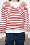 Kadın Moda Şık Bol Bisiklet Yaka Düşük Kol Uzun Çizgili Geniş Kalıp Yaka Kalın Örme Sweatshirt
