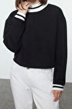 Kadın Bisiklet Yaka Düşük Kol Crop Rahat Kalıp Triko Yakalı İçi Polarlı Kalın Örme Sweatshirt
