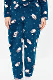Kadın Moda Şık Büyük Beden Gömlek Yaka Boru Paça Uzun Kol Penguen Desenli Örme Pijama Takımı