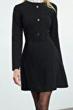 Kadın Moda Şık Mini Boy Dik Yaka Regular A Kesim Düğme Detaylı Dokuma Elbise