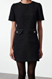 Kadın Moda Şık Mini Boy Bisiklet Yaka Regular A Kesim Cep Detaylı Dokuma Elbise