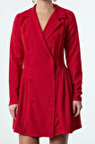 Kadın Moda Şık Mini Boy Ceket Yaka Regular Piliseli Dokuma Ceket Elbise