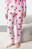 Kadın Moda Şık Bisiklet Yaka Boru Paça Uzun Kol %100 Pamuklu Kalpli Örme Pijama Takımı