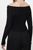Kadın Moda Şık Üst Giyim Crop Carmen Yaka Slim Kalıp Örme Kısa Esnek Bluz