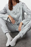 Kadın Pamuklu Bisiklet Yaka Uzun Kol Pamuklu Hayvan Desenli Örme Pijama Takımı