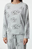 Kadın Pamuklu Bisiklet Yaka Uzun Kol Pamuklu Hayvan Desenli Örme Pijama Takımı