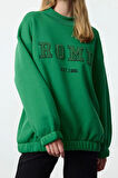 Kadın Moda Şık Bol Bisiklet Yaka Düşük Kol Uzun Nakış Detaylı Geniş Kalıp Örme Sweatshirt
