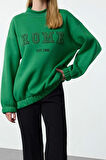 Kadın Moda Şık Bol Bisiklet Yaka Düşük Kol Uzun Nakış Detaylı Geniş Kalıp Örme Sweatshirt