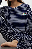 Kadın Viskon Bisiklet Yaka Uzun Kol Çizgili Gökkuşağı Baskılı Viskon Örme Pijama Takımı