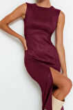 Kadın Moda Şık Midi Boy Bisiklet Yaka Fitted Yırtmaçlı Düz Kesim Süet Dokuma Elbise