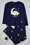 Kadın Moda Şık Büyük Beden Bisiklet Yaka Boru Paça Uzun Kol Galaksi Desenli Polar Örme Pijama Takımı