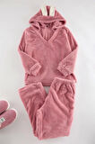 Kadın Moda Büyük Beden Kapüşonlu Boru Paça Uzun Kol Wellsoft Peluş Kulak Detaylı Örme Pijama Takımı
