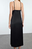 Kadın Moda Midi Boy Halter Yaka Relaxed Pencere Cut Out Detaylı Fiyonklu Saten Dokuma Abiye Elbise