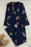 Kadın Moda Şık Gömlek Yaka Boru Paça Uzun Kol Kaplan Desenli Viskon Dokuma Pijama Takımı