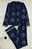 Kadın Moda Şık Gömlek Yaka Boru Paça Uzun Kol Güneş Desenli Viskon Dokuma Pijama Takımı