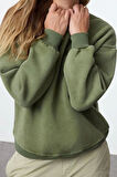 Kadın Moda Bol Bisiklet Yaka Düşük Kol Uzun Eskitme Kalın İçi Polarlı Geniş Kalıp Örme Sweatshirt