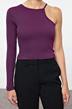 Kadın Moda Şık Crop Bisiklet Yaka Tek Kol Slim Kalıp Örme Fitilli Fitted Vücuda Oturan Esnek Bluz