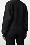 Kadın Regular Bisiklet Yaka Düşük Kol Regular Eskitme Kalın İçi Polarlı Normal Kalıp Örme Sweatshirt