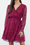 Kadın Moda Şık Mini Boy Kruvaze Regular Çiçekli Animal Desenli Kuşaklı Dokuma Elbise