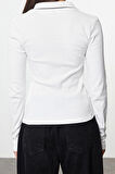Kadın Regular Polo Yaka Slim Kalıp Örme Triko Yaka Detaylı Fitted Vücuda Oturan Fitilli Esnek Bluz