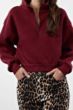 Kadın Fitted Fermuarlı Yaka Düşük Kol Crop Rahat Kesim Crop Fermuarlı Kalın Polarlı Örme Sweatshirt
