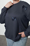 Kadın Büyük Beden Oversize Bisiklet Yaka Standart Kol Gri Kurdele Detaylı Modal Örme Sweatshirt