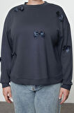 Kadın Büyük Beden Oversize Bisiklet Yaka Standart Kol Gri Kurdele Detaylı Modal Örme Sweatshirt