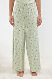 Kadın Moda Şık V Yaka Geniş Paça Kısa Kol Çiçekli Örme Pijama Takımı