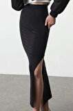 Kadın Moda Stil Maxi Astarsız Örme Poliamid Düz Yırtmaçlı Kalem Vücuda Oturan Midi Etek