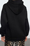 Kadın Moda Şık Bol Kapüşonlu Düşük Kol Uzun Fermuar Detaylı Kalıp Kalın İçi Polarlı Örme Sweatshirt