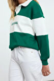 Kadın Polo Yaka Düşük Kol Kalın Polarlı Normal Kalıp Nakışlı Polo Yaka Örme Sweatshirt