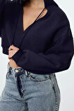Kadın Relaxed Kapüşonlu Düşük Kol Crop Kalın İçi Polarlı V Yaka Rahat Kesim Crop Örme Sweatshirt
