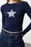 Kadın Moda Şık Crop Bisiklet Yaka Slim Kalıp Örme Fitted Vücuda Oturan Baskılı Pamuklu Esnek Bluz