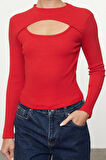 Kadın Moda Şık Crop Bisiklet Yaka Slim Kalıp Örme Cut Out Pencere Detaylı Fitilli Esnek Bluz