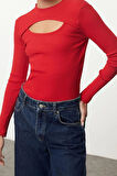 Kadın Moda Şık Crop Bisiklet Yaka Slim Kalıp Örme Cut Out Pencere Detaylı Fitilli Esnek Bluz