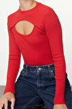 Kadın Moda Şık Crop Bisiklet Yaka Slim Kalıp Örme Cut Out Pencere Detaylı Fitilli Esnek Bluz