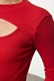 Kadın Moda Şık Crop Bisiklet Yaka Slim Kalıp Örme Cut Out Pencere Detaylı Fitilli Esnek Bluz