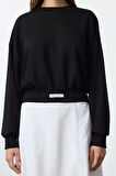 Kadın Oversize Dik Yaka Düşük Kol Crop Rahat Kalıp Yumuşak Tuşeli Crop Etiket Örme Sweatshirt