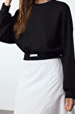 Kadın Oversize Dik Yaka Düşük Kol Crop Rahat Kalıp Yumuşak Tuşeli Crop Etiket Örme Sweatshirt