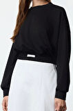 Kadın Oversize Dik Yaka Düşük Kol Crop Rahat Kalıp Yumuşak Tuşeli Crop Etiket Örme Sweatshirt