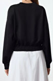 Kadın Oversize Dik Yaka Düşük Kol Crop Rahat Kalıp Yumuşak Tuşeli Crop Etiket Örme Sweatshirt